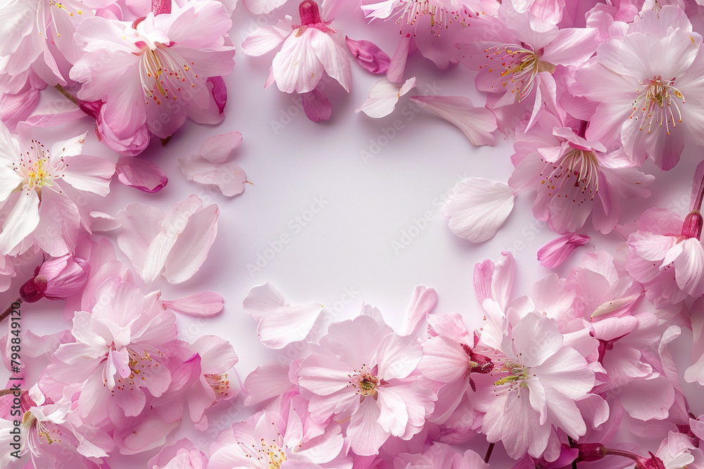 Delicate texture of cherry blossom petals around the frame, with a blank space in the center, showcasing their softness and pastel hues. Delicate texture of cherry blossom petals around the frame, with a blank space in the center, showcasing their softness and pastel hues.