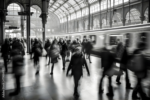 Commuters in motion at the central station of Milan, Italy.