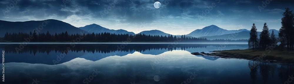 A beautiful landscape of a lake and mountains at night