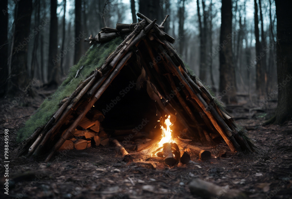 outside campfire hut fire forest Blanket Primitive debris shelter Bushcraft ring survival