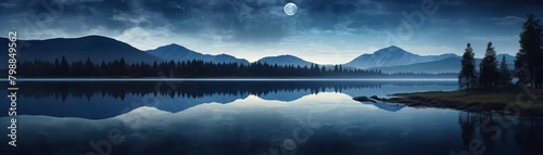 A beautiful landscape of a lake and mountains at night