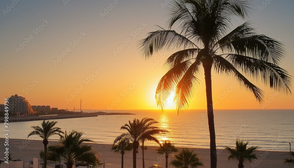 Gorgeous tropical sunset over beach with palm tree silhouettes Perfect for summer travel and vacation