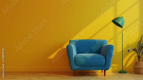 Modern Vibrant Living Space with a Blue Armchair and Green Floor Lamp Against a Sunny Yellow Wall