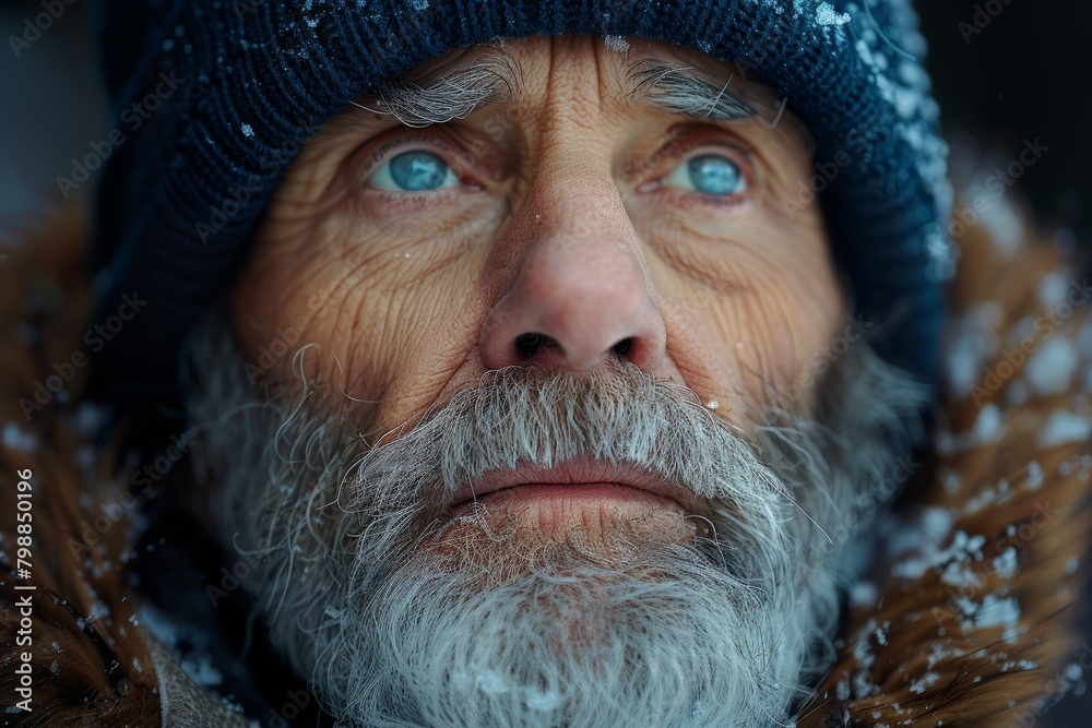 Close-up of an elderly man with ice-covered beard and knitted hat looking up in a wintry scene Close-up of an elderly man with ice-covered beard and knitted hat looking up in a wintry scene