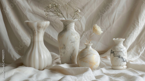 Marble Vases with Delicate Dried Flowers on a Soft Draped Fabric