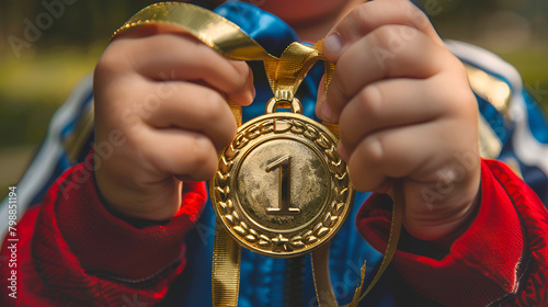 A detailed close-up shot of a kid proudly holding the number 1 gold medal against their chest, showcasing the intricate design and shining brilliance of the medal photo