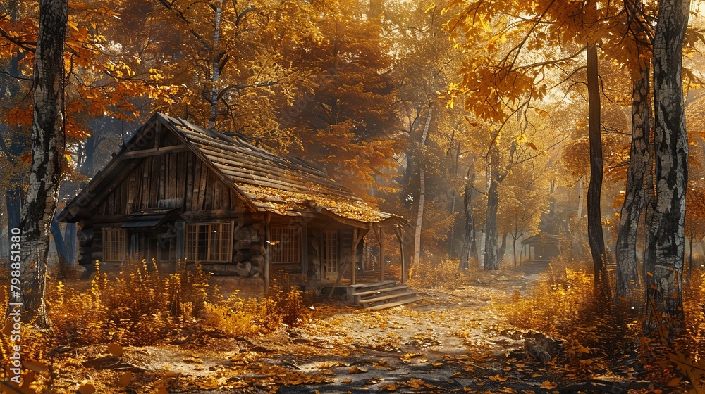 Rustic wooden cabin in a golden autumn forest Rustic wooden cabin in a golden autumn forest