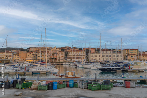 View of the city of San Vincenzo. Fishing nets in the port of San Vincenzo, Livorno, Tuscany, Italy