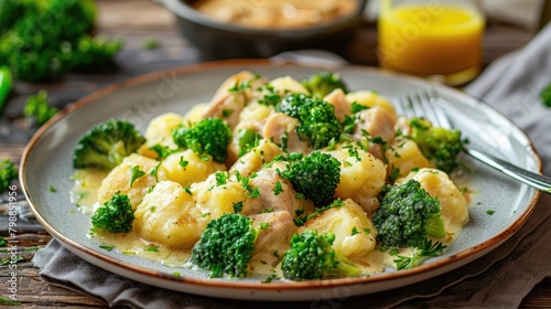 German Cuisine Potato Dumplings from Thuringia with Pork Broccoli and Sauce on a Plate