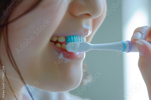 A natural and relaxed lifestyle photograph featuring a person practicing good oral hygiene habits, such as brushing teeth with fluoride toothpaste to prevent fluorosis photo