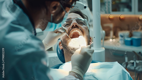 a dentist performing a prosthodontic treatment, such as fitting a patient with dental crowns, against the backdrop of a modern dental clinic photo