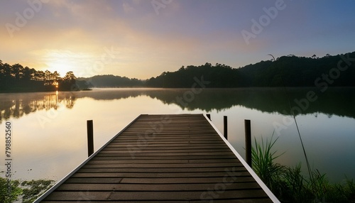 Lakeside pier with beautiful sunrise view