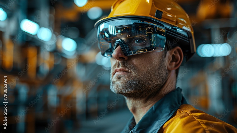 AR helmets worn by engineers in a production plant, detailed view, integrating tech for safety and productivity AR helmets worn by engineers in a production plant, detailed view, integrating tech for safety and productivity