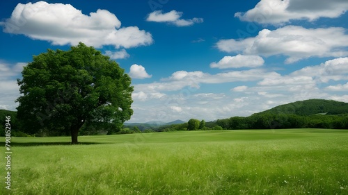 tree in the field with blue sky and grass
