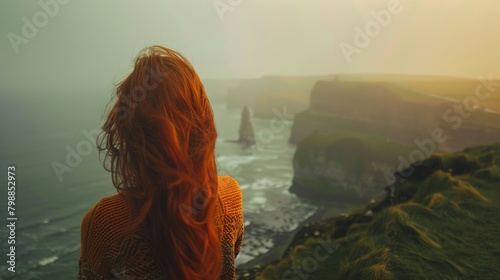 Red haired woman with back turned, looking out on early morning warm dawn foggy landscape, cliffs on ocean seashore, copyspace, Celtic, Ireland