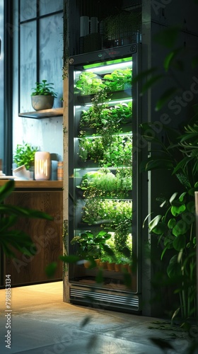 Hydroponic garden in a highrise building, soft lighting, side view, urban solution for fresh greens