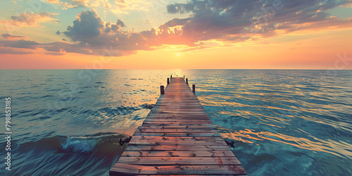Beautiful wooden pier at the coast of the sea with a beautiful sunset. 