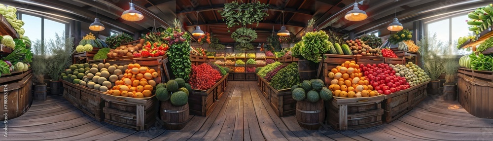 Virtual reality farmers market, immersive POV, detailed textures, digital platform for global organic produce