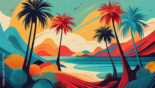 Colorful illustration of sea beach with coconut trees. © saurav005