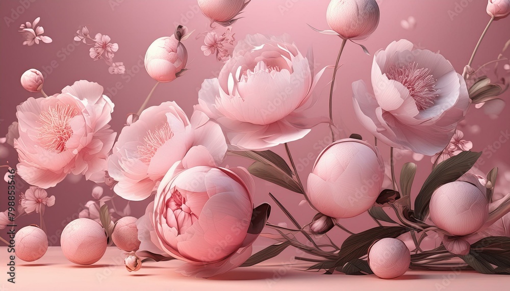 Many delicate tender pink big and small open and closed peony flowers and buds levitating on seamless pink surface. Many delicate tender pink big and small open and closed peony flowers and buds levitating on seamless pink surface.
