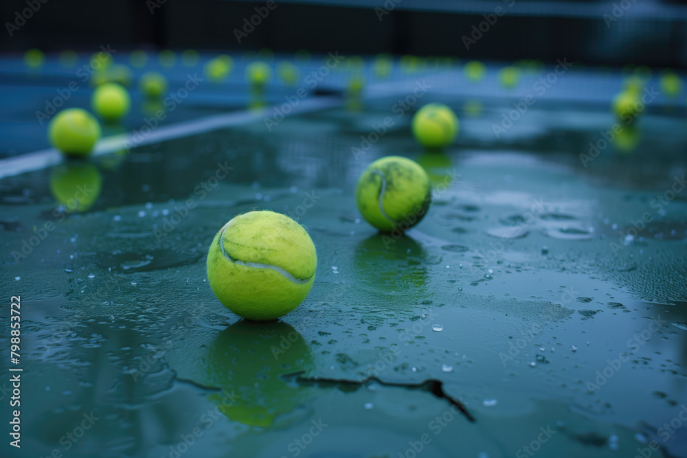 wet yellow tennis balls on playing ground