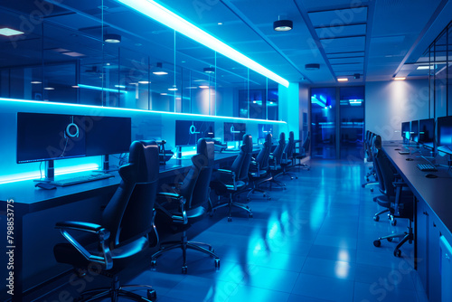 Side view of open space business office interior with rows of computer tables and chairs, blue tone