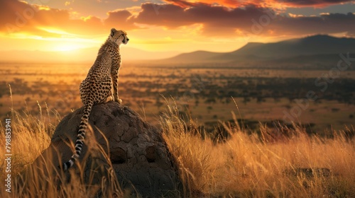A cheetah perched on a termite mound surveys the expansive savanna, while the panoramic view captures the vibrant colors of the setting sun against the mountains.
