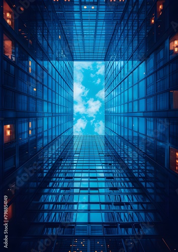 A blue sky with clouds is visible through the windows of a tall building