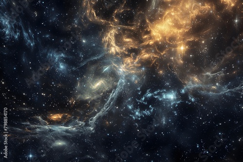 A stunning view of interstellar space with swirling golden nebulae and brilliant blue star clusters, capturing the complex and wondrous beauty of the cosmos photo