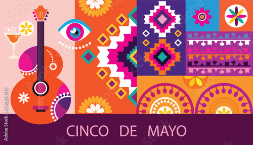 Happy Cinco de mayo template poster with guitar  sombrero  firework  pattern Translation from spanish - Cinco de Mayo - May 5 federal holiday in Mexico.Vector flat icon illustration