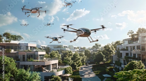 In a serene community, personal flying vehicles take off and land from rooftops and designated skyports, creating a ballet of orderly air traffic in the sky. photo