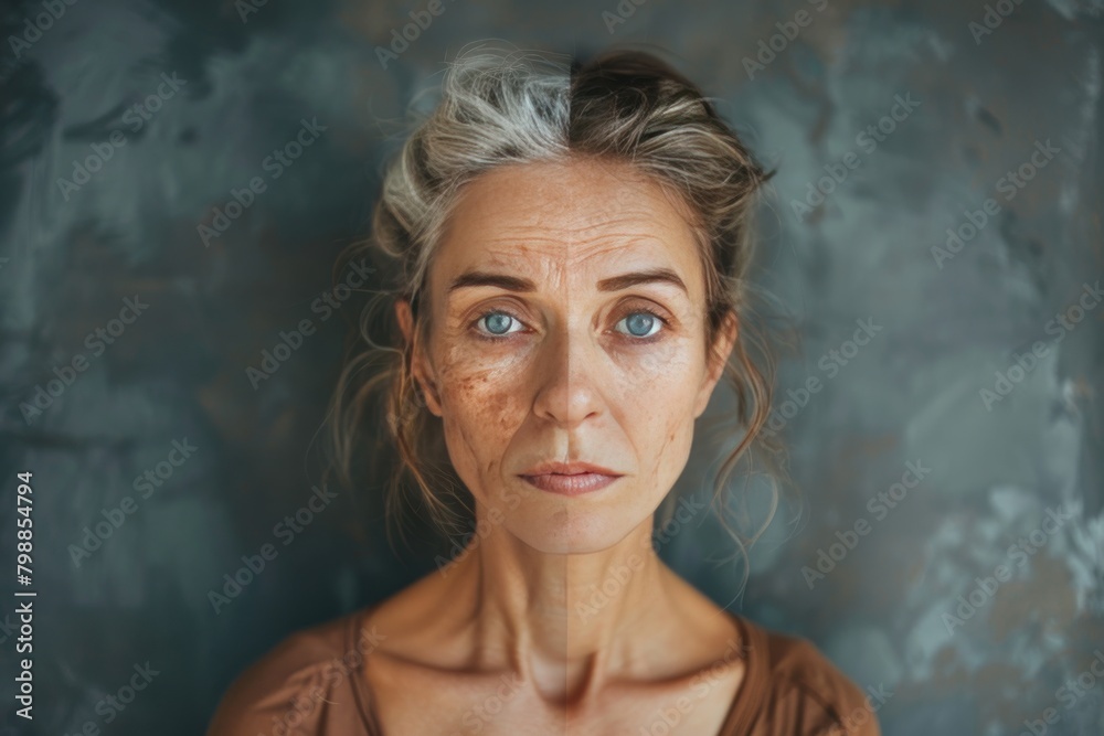 Old woman and routine discussions on aging merge with mental fitness and vitality considerations; dual aging health and wrinkle treatment focus on portrait and aging wellness in modern contexts.