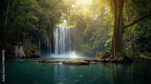A lush forest, a majestic waterfall cascades into a tranquil pool. © Sompoch