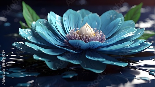 Vector illustration of a beautiful blue flower featuring light petals and iridescent pearlescent colors set against a dark background, Type of Image: Digital illustration, Subject Description: Floral 