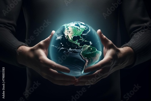 Dramatic 3D scene of a hand cupping the Earth, with a shield barrier around it, illustrating defense against environmental harm photo