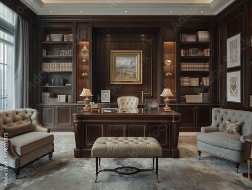 A large room with a desk and a chair, and a couch. The room is filled with bookshelves and a large collection of books. The room has a classic and elegant feel, with a focus on the desk and the chair