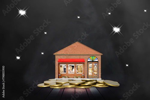 Shops and gold coins with lighting and smoke on wooden stage