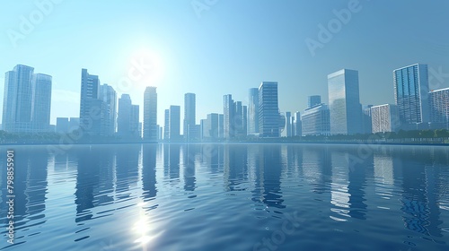 A beautiful cityscape with a river in the foreground and a bright sun in the background.