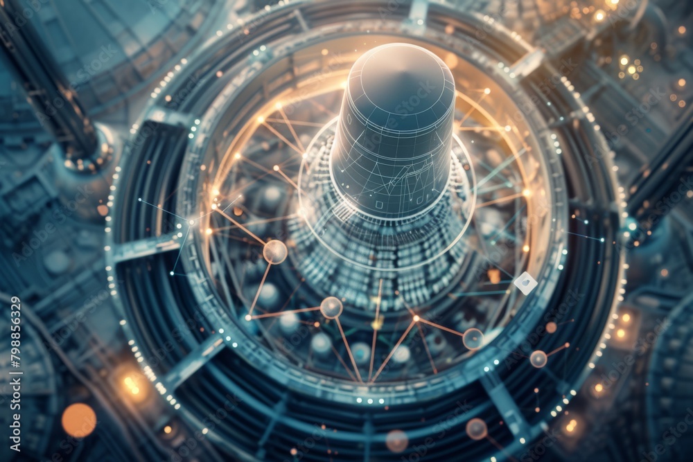 Fototapeta premium a cooling tower nuclear power station with icons of atoms with molecules and chemical element , symbols, in the style of bokeh panorama 