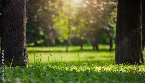 Picturesque photo of a field or meadow Summer Beautiful spring perfect natural landscape background, defocused blurred green trees in forest with wild grass and sun beams © Amli