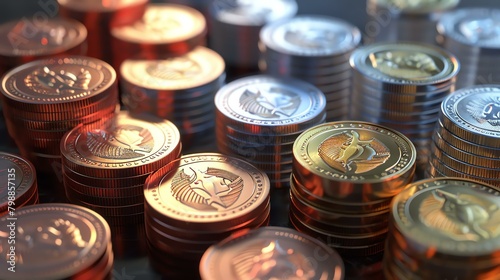 Stacks of shiny gold and silver coins with a glowing orange background.