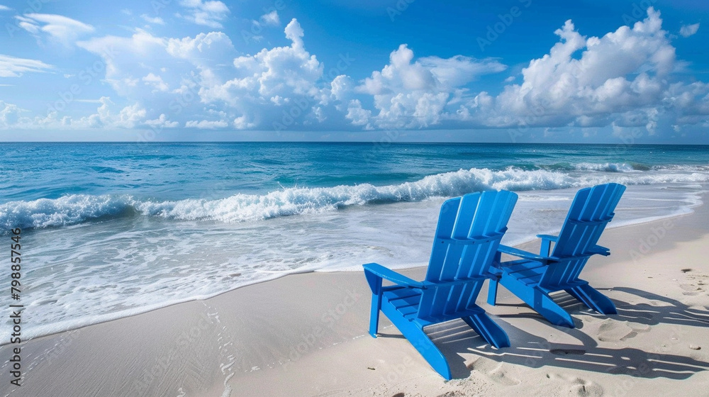 Tranquil Ocean View with Blue Lounge Chairs on Pristine White Sand