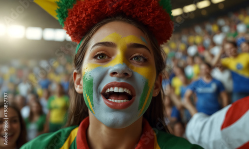 Fan cheering enthusiastically in a soccer stadium. 