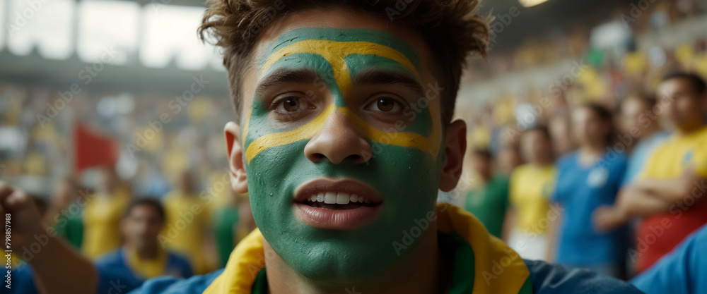 Fan cheering enthusiastically in a soccer stadium.
Fan cheering enthusiastically in a soccer stadium.