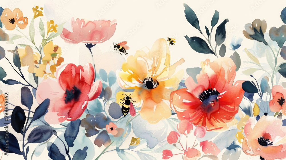 Vibrant Watercolor Painting of Flowers and Bees Vibrant Watercolor Painting of Flowers and Bees