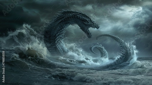 Sea serpent, Leviathan, rising from ocean © Boraryn