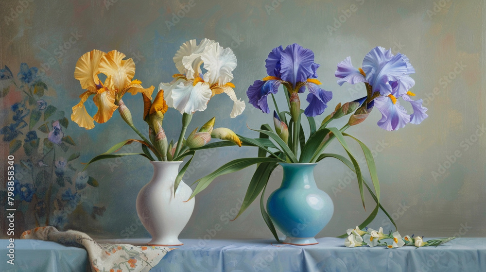 Elegant Still Life of Irises in Vases on a Draped Table