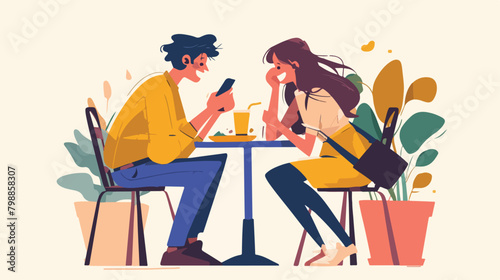 Cartoon man and woman having lunch or dinner at foo photo