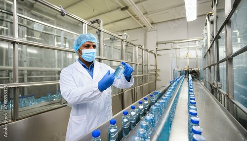 scientist researcher medical worker in blue sanitary gloves, face mask, protection clothes controlling medicinal products vaccine vials at pharmaceutical factory. Pharma assembly line with liquid meds