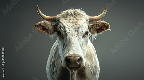 Close up portrait of a white cow looking at the camera with a grey background. photo